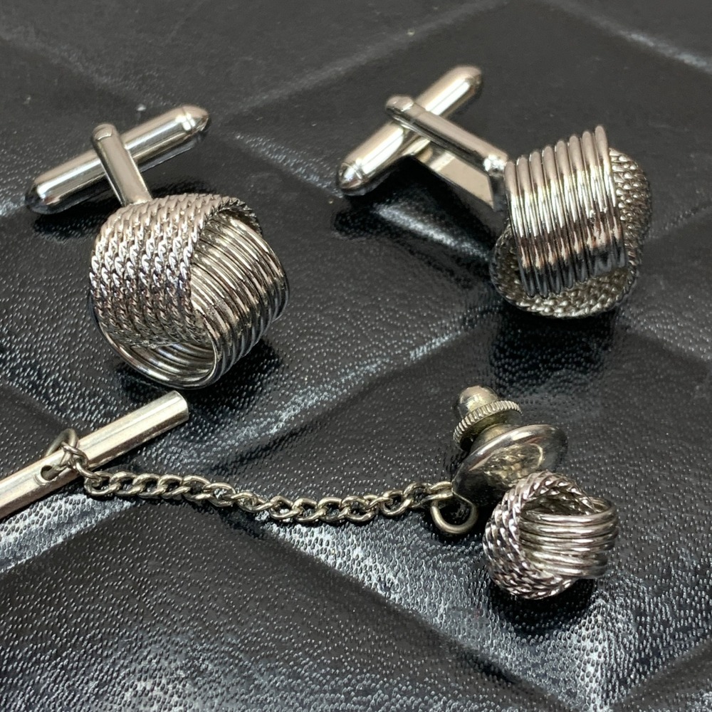 Vintage Silver Tone Woven‎ Knot Cufflinks and Tie Tack Clutch Set Mens Formal